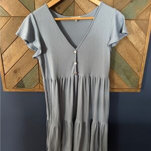 See You Monday Light Blue Ribbed V-Neck Tiered Dress